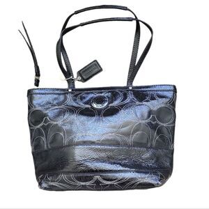 Authentic EUC Coach Black Signature Stripe Stitched Patent Leather Tote